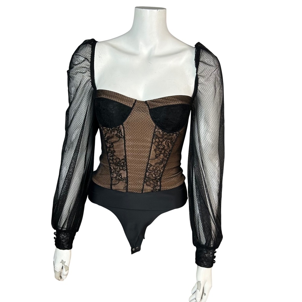CAMI NYC Lilith Bodysuit Corset Top Black Lace Mesh Puff Sleeve NWT